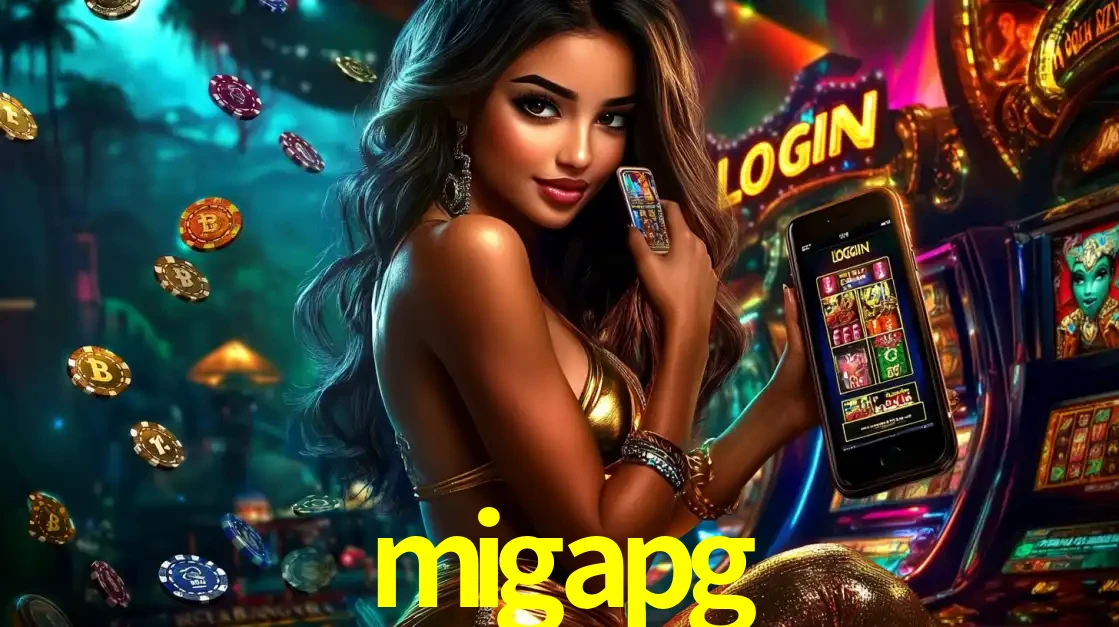 Mulher em um cenário de cassino temático de aventura, mostrando o app de caça-níqueis da migapg no celular. Fichas de apostas flutuam ao redor.