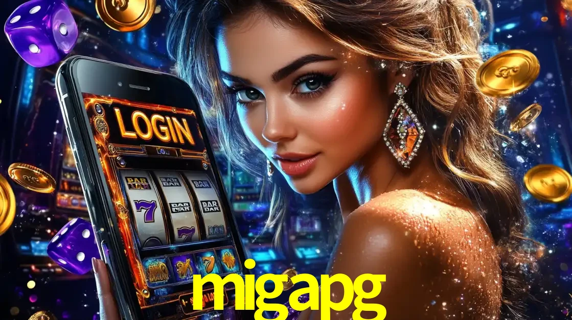 Mulher glamorosa segurando um smartphone com a tela de login para os jogos de caça-níqueis do cassino online migapg, com moedas de ouro e dados ao redor.