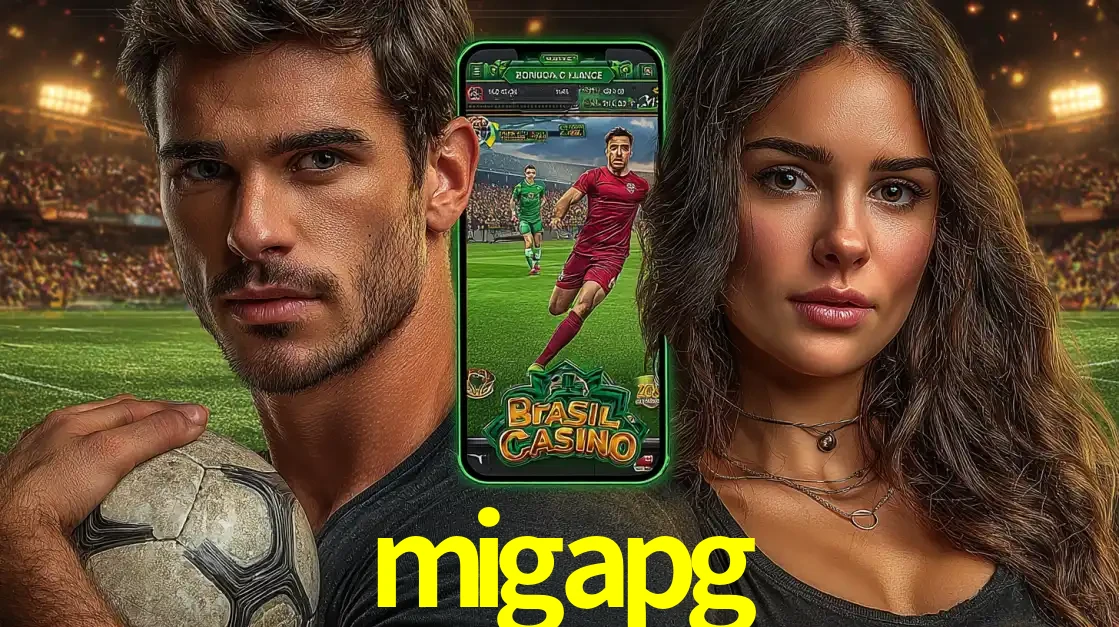 Homem segurando uma bola de futebol e uma mulher ao lado de um smartphone exibindo o jogo de apostas esportivas da migapg. Faça seu palpite no cassino online.